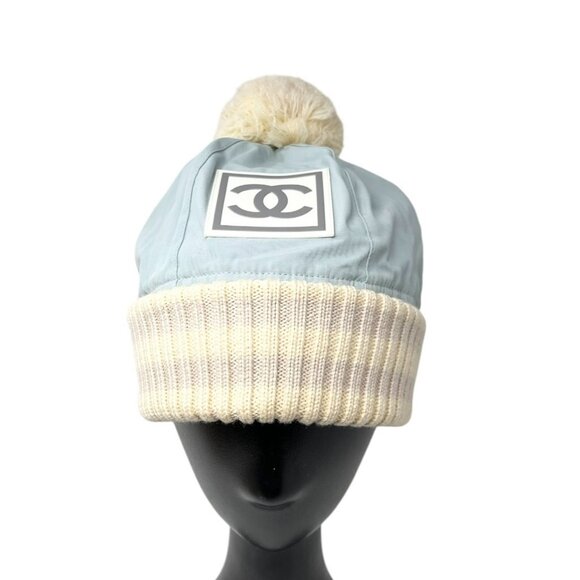 CHANEL Sport Vintage Coco Mark Logo Knit Beanie Winter Ski Hat #M Blue [105001] - Picture 2 of 13